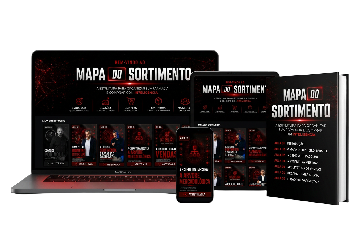 Mockup do curso Mapa do Sortimento: notebook, celular, tablet e livro mostrando a área de membros